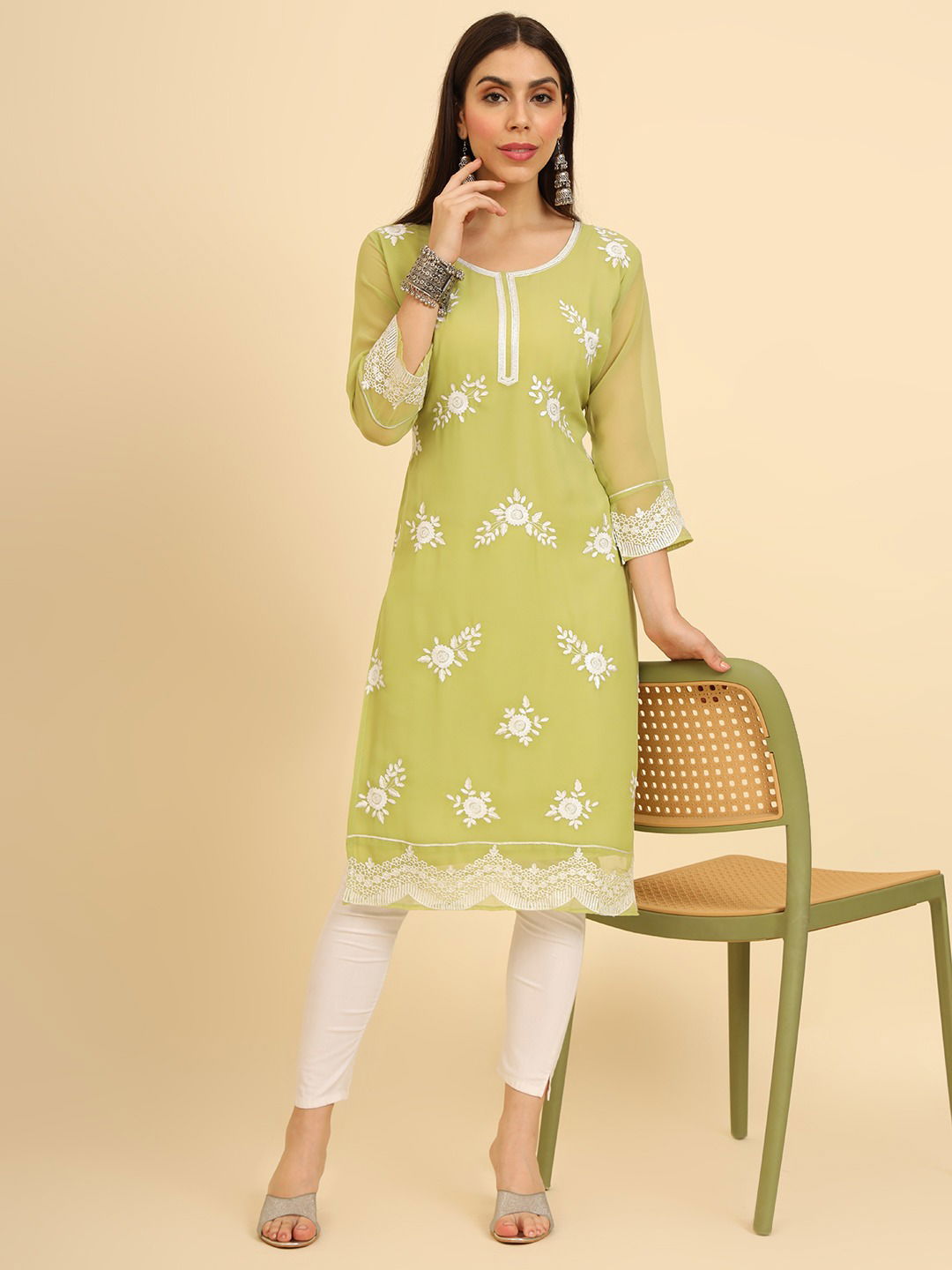 Albeli Designer Lucknowi Chikankari Work Georgette Kurtis Wholesale Shop In Surat
